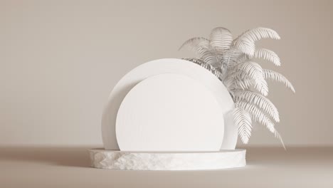 podium 3d para presentación de envases y cosméticos. escena de producto con soporte de roca y una palma. pedestal realista natural con movimiento ligero.