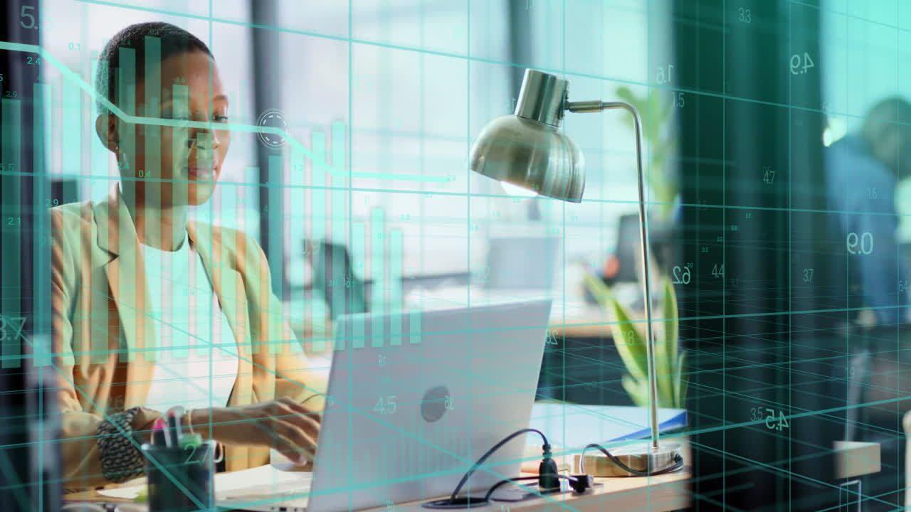 Animation of financial data processing over african american businesswoman working in office