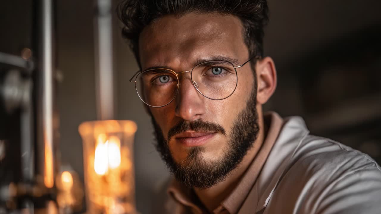 Intense Portrait of a Thoughtful Scientist in a Dimly Lit Laboratory, Capturing the Essence of Curiosity and Discovery Through Intriguing Expressions and Dynamic Lighting