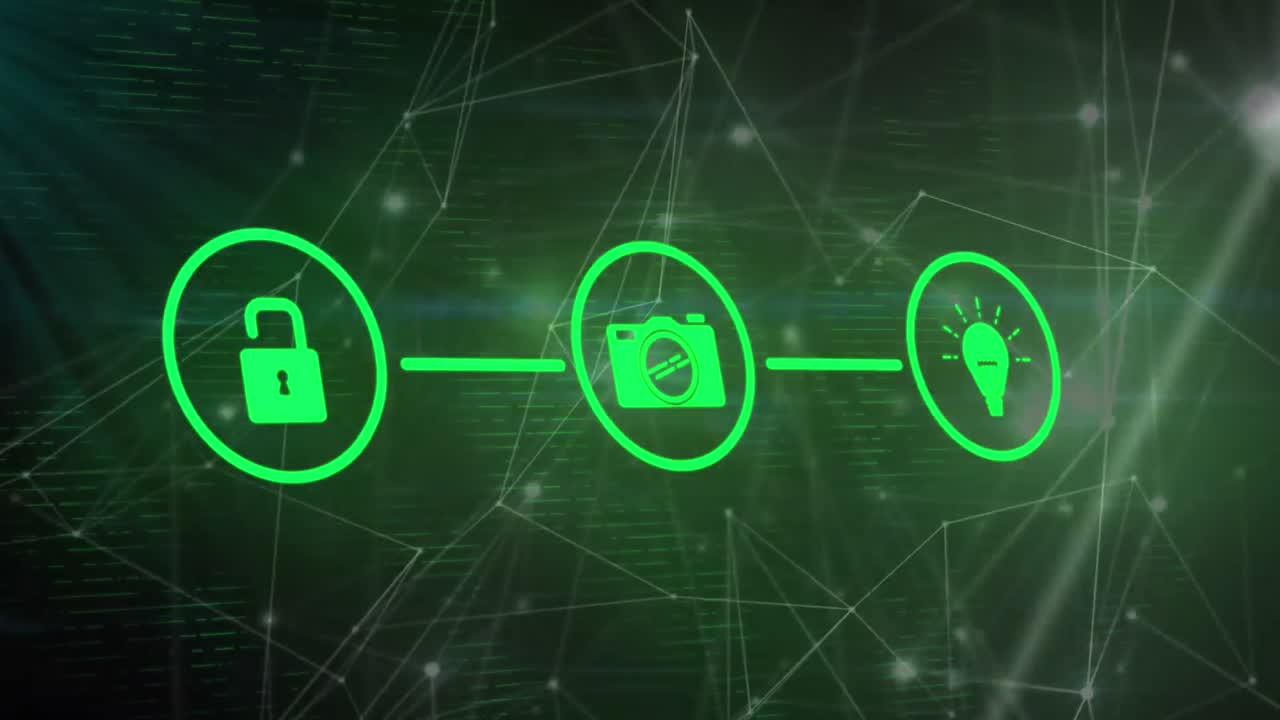 검은색 배경에 아이콘과 데이터 처리를 가진 연결 네트워크의 애니메이션