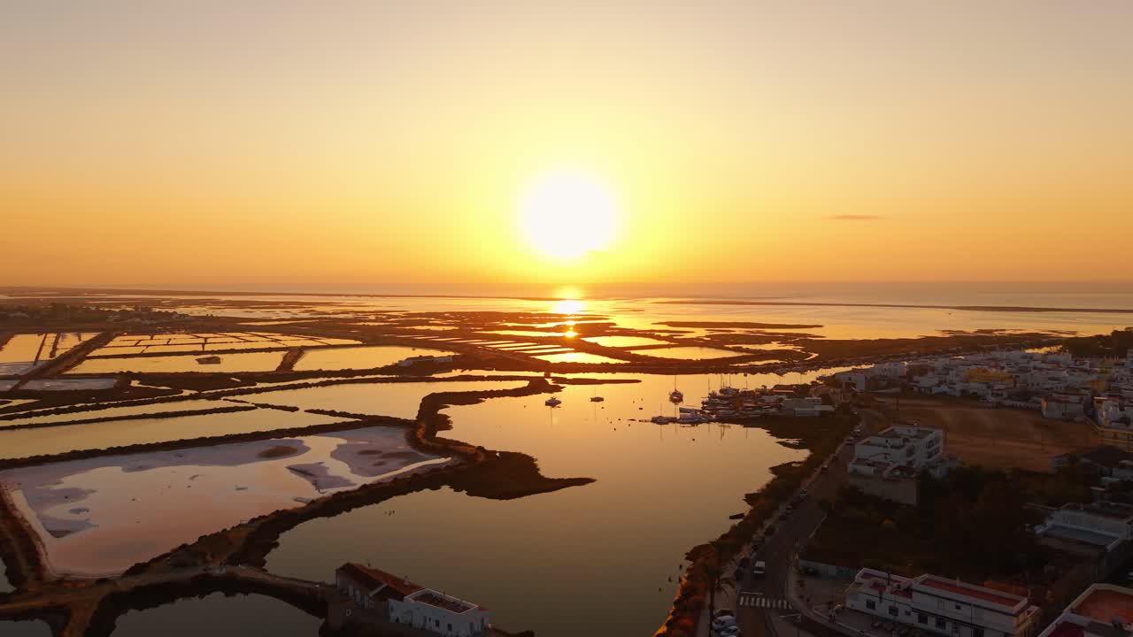 Aerial shot over Fuseta fishingvillage at sunrise with houses in the foreground and the salt pan in the background in Ria Formosa natural park, Algarve region, Portugal