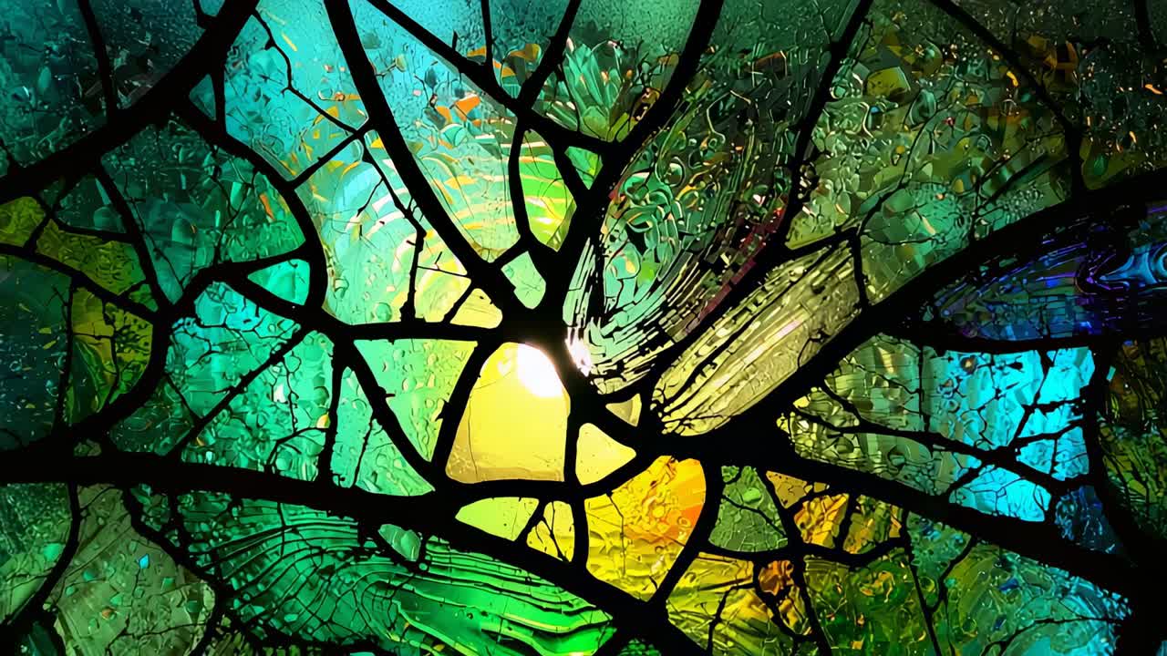 Cracked mosaic glass panel shimmering under pulsing backlight in gallery, with moisture droplets