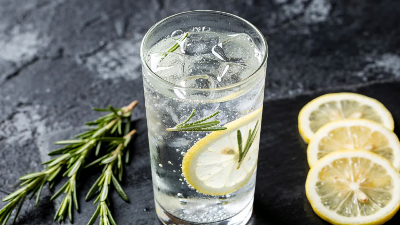 Bicchiere frizzante con ghiaccio che rilascia bollicine su una fetta di limone, rosmarino su ardesia, causato dalla carbonazione.