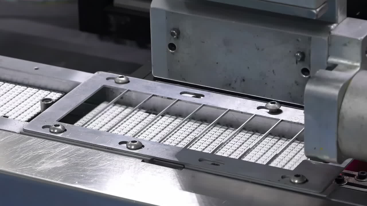 Industrial machinery displays large punch press equipment shaping sheet metal components in a factory setting. Close-up of a sheet metal stamping machine.