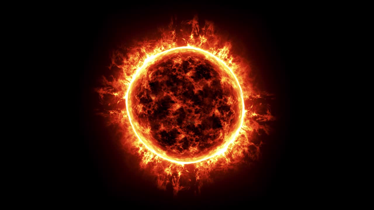 resolución 4k, vista de bucle de la superficie solar completa con llamaradas solares en un fondo negro y espacio de copia en un fondo negra, concepto de calentamiento global.