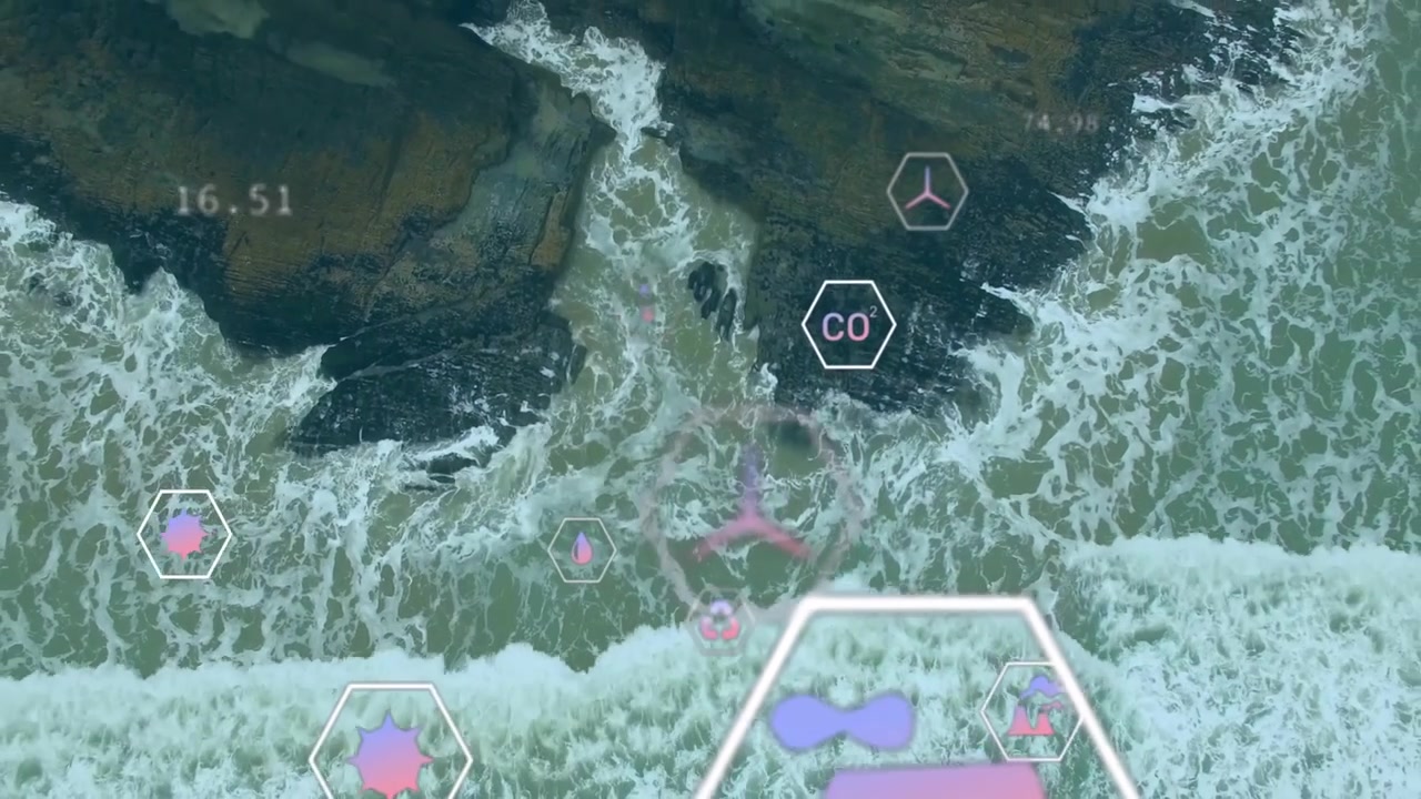 Opening top-down drone shot showing rocky shore, floating hex icons animating environmental data