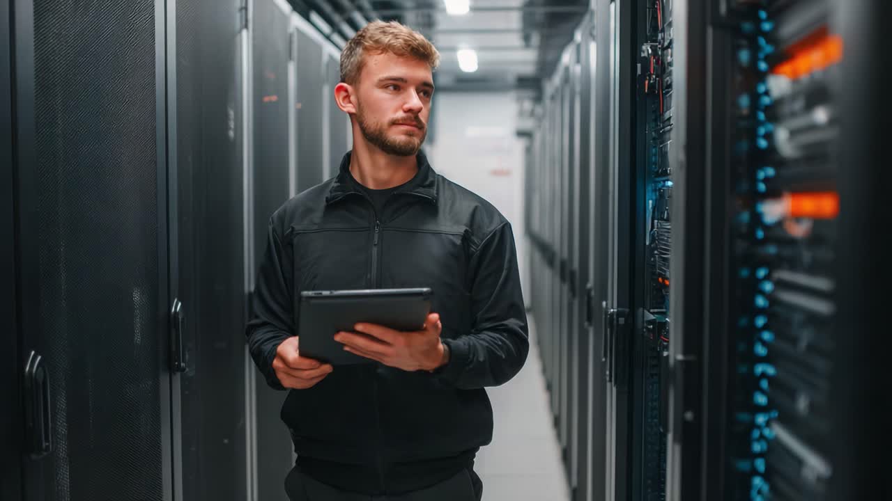 Professional IT Technician Managing Data Center Operations While Analyzing Server Performance and Configuration with a Tablet, Ensuring Smooth Functionality and Efficiency in Technology Systems