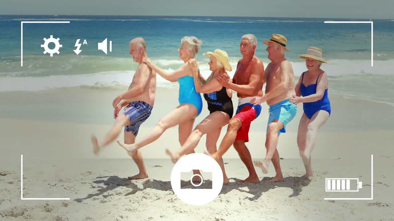 바가에서 운동하는 고령 백인 사람들 위의 카메라 화면의 애니메이션