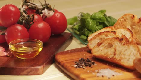 delicious tapas bread with tomatoes pasta with olive oil close-up, bruschetta with red sauce ketchup, olives dry tomatoes and tasty sandwich bar appetizer, buffet