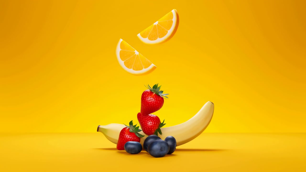 Strawberries, blueberries, and orange wedges descend onto and beside a curved banana, gradually forming a scattered fruit pile against a warm yellow background with soft shadows.