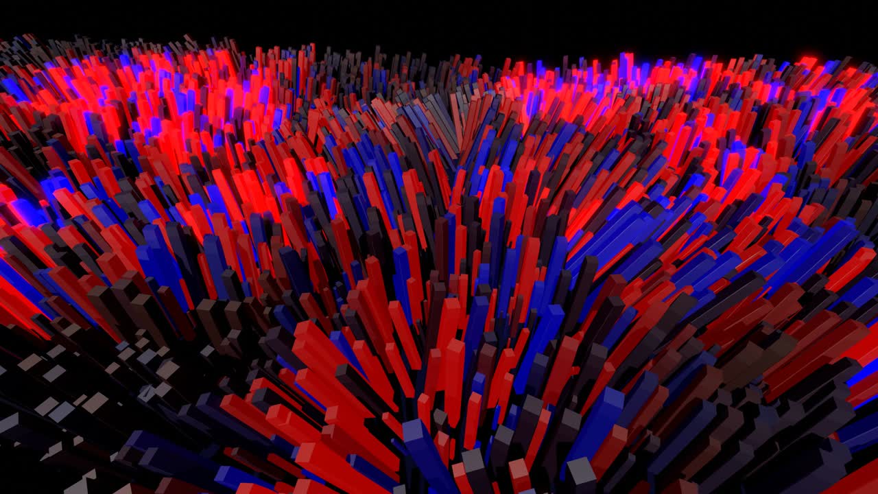 las ondas de color rojo azul corren a lo largo de bloques de brillo forman un hermoso patrón en la superficie ondulada como una guirnalda. 4k abstracto bg en bucle, palos de balanceo como coral. patrón de gradiente abstracto. movimiento de bucle vj