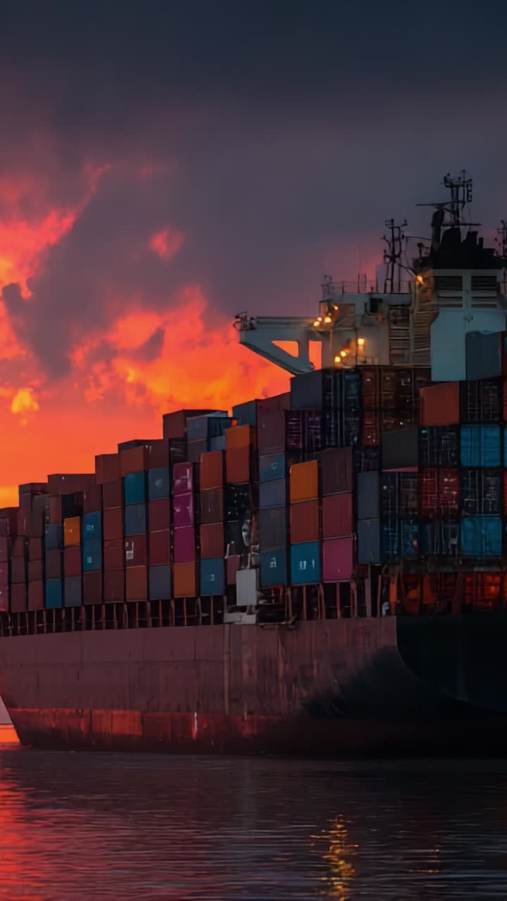 Un tramonto vivace su una nave cargo: catturare la bellezza della logistica marittima in un cielo infuocato con riflessi in acque calme