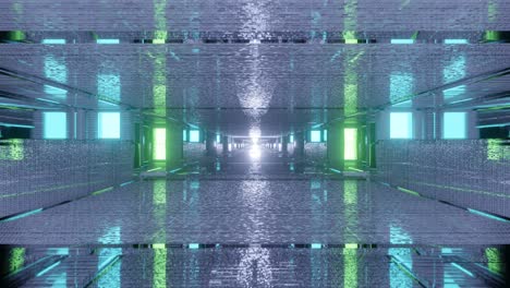 ciencia ficción de gráficos en movimiento: viaje dentro de un pasaje rectangular reflectante gris estrecho y largo futurista con luces verdes y verde azulado de neón hacia la luz blanca parpadeante