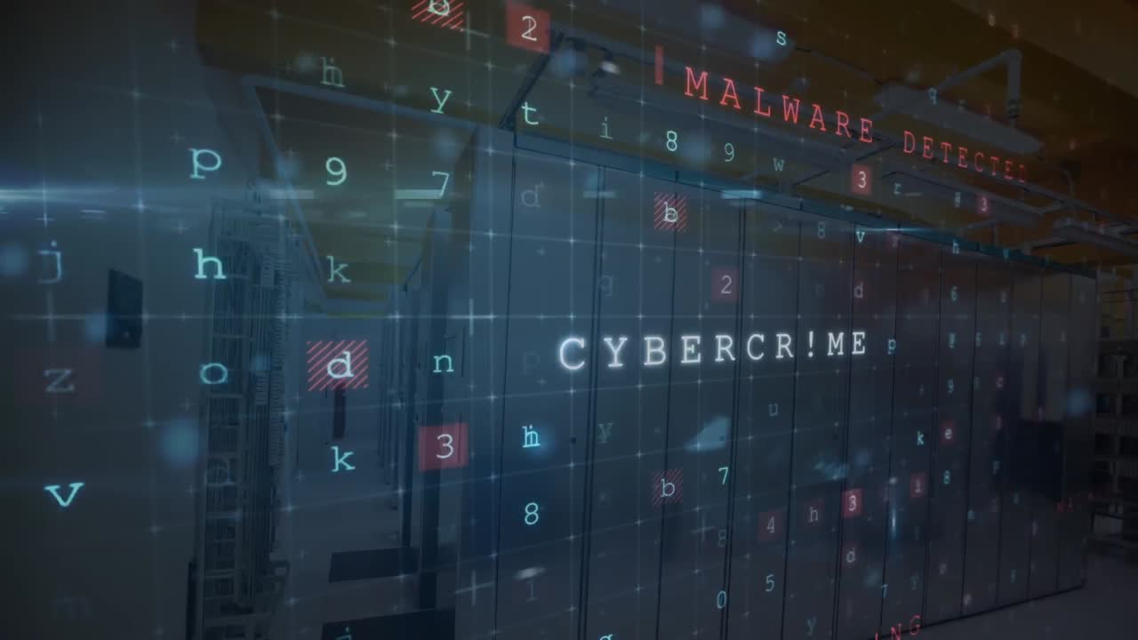 Animation of data processing and hacking texts over server room