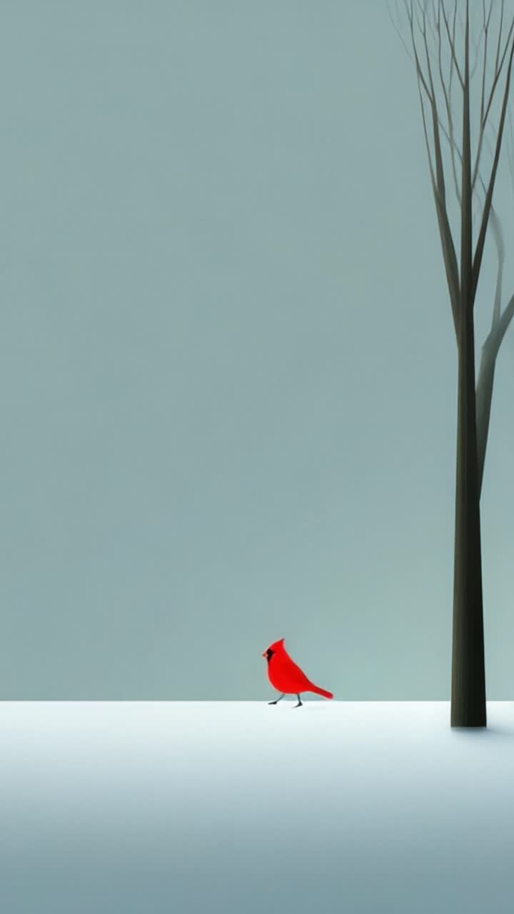 A solitary red cardinal perches among the bare trees in a snowy landscape, creating a striking contrast against a serene blue backdrop, evoking tranquility and beauty