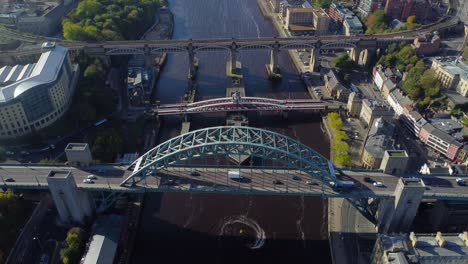 aerial view of newcastle upon tyne quayside - tyne bridge, swing bridge and high level bridge on river tyne