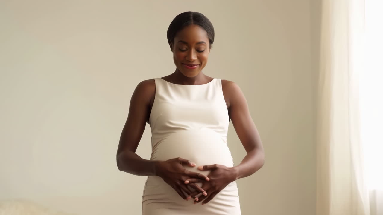 Joyeuse femme noire enceinte touchant doucement son ventre arrondi