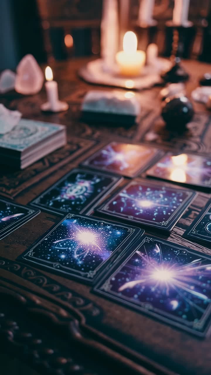 Tarot Cards and Candles on a Wooden Table