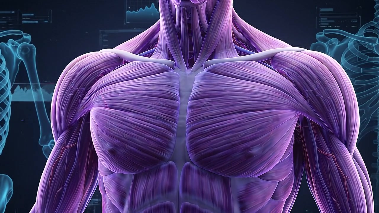 Anatomia muscolare della parte superiore del corpo che mostra i muscoli dettagliati del petto e delle spalle