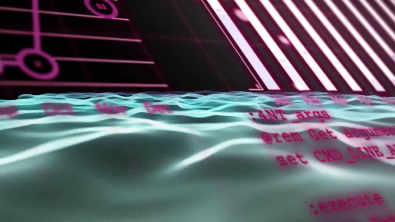 Digital animation of statistical data processing over blue digital waves against black background