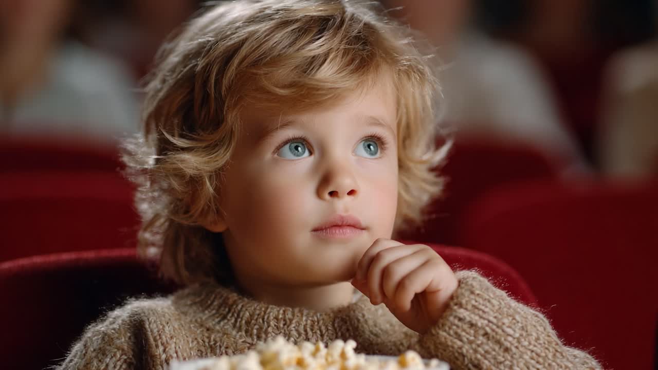 A Curiously Enchanted Child Watching a Movie in a Theater, Captivated by the Screen's Magic and Enjoying a Delicious Bowl of Popcorn