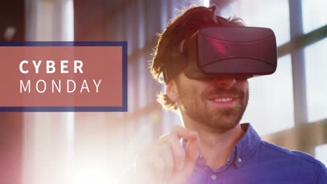 Cyber-Monday-text-and-man-using-virtual-reality-headset-4k