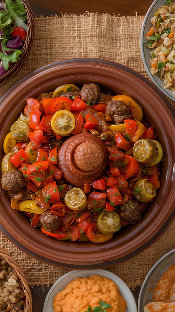 Video vertical: Reproducción con la cámara acercándose a una mesa, mostrando los colores de un tajine y pan plano.