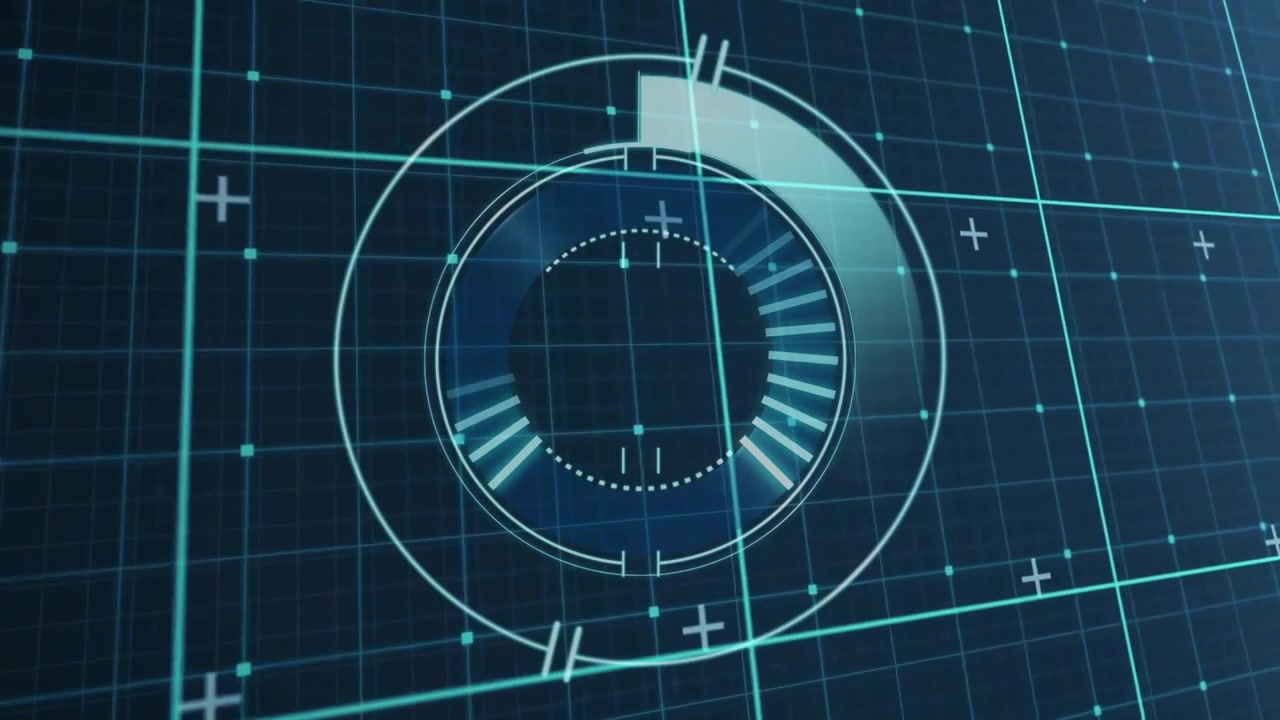 Tech interface with concentric rings initiating data scan, rotating arc and extending radial bars