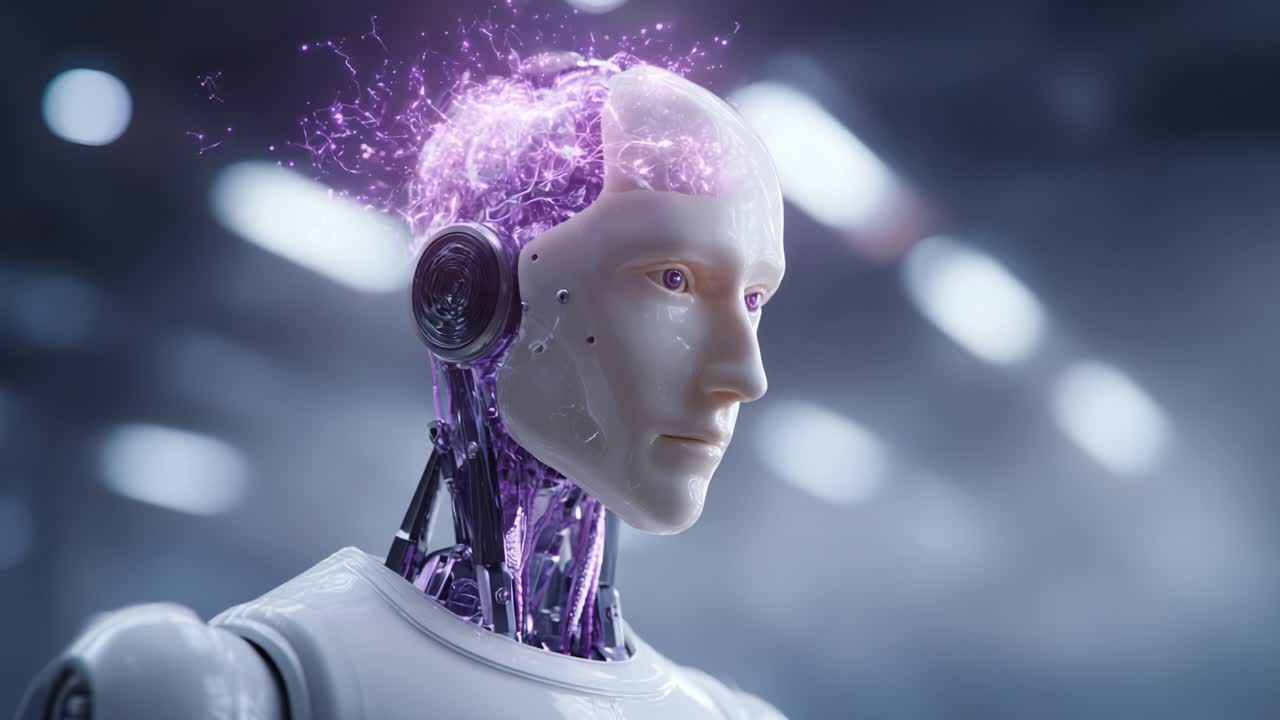 Esplorando i confini dell'intelligenza artificiale: un robot futuristico con un cervello bioluminescente che rappresenta processi cognitivi avanzati e approfondimenti sul machine learning