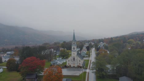 aerial church new england foggy day mountians new york vermont drone