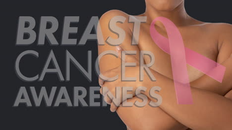 animation of breast cancer awareness text over woman covering breast