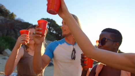group of friends toasting glasses of beer in the beach 4k