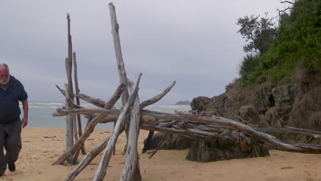 castaway marooned on a deserted island building a shelter from drift wood