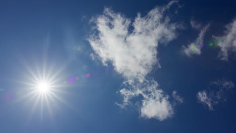 blue sky with clouds and sun, and an airplane