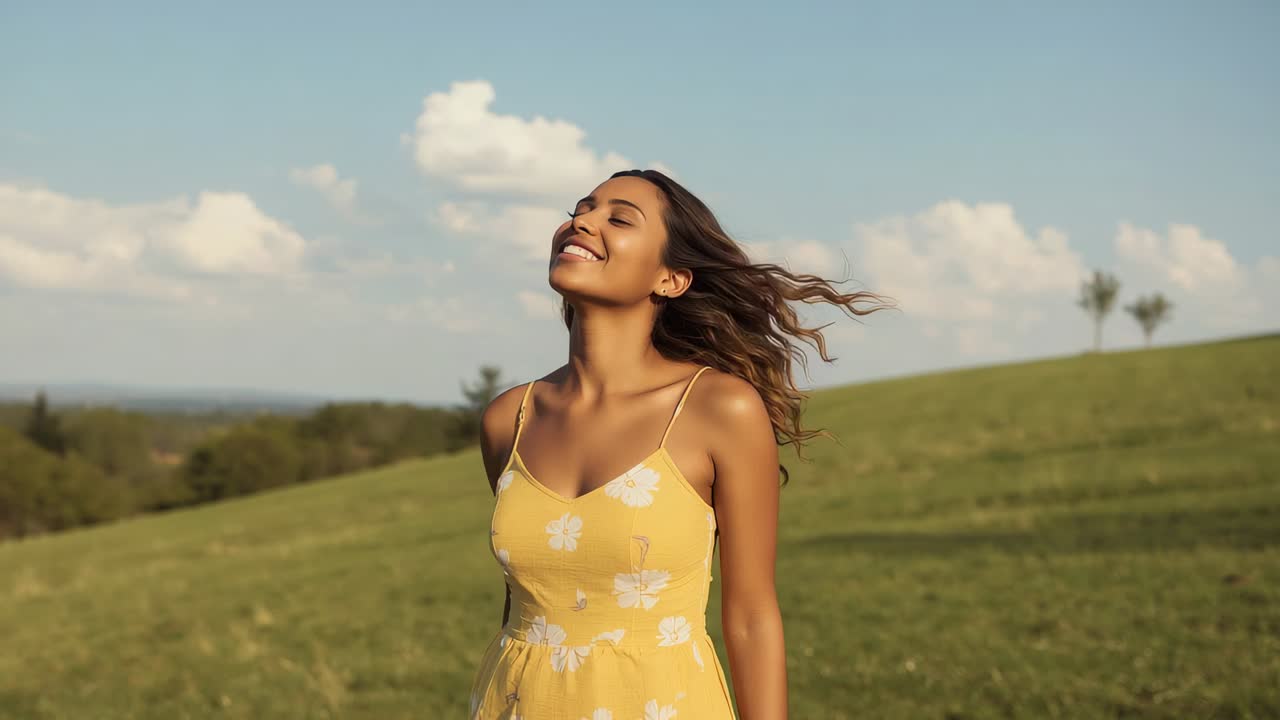 Tilting woman in yellow sundress raising chin and breathing air on grassy hillside, breeze blowing