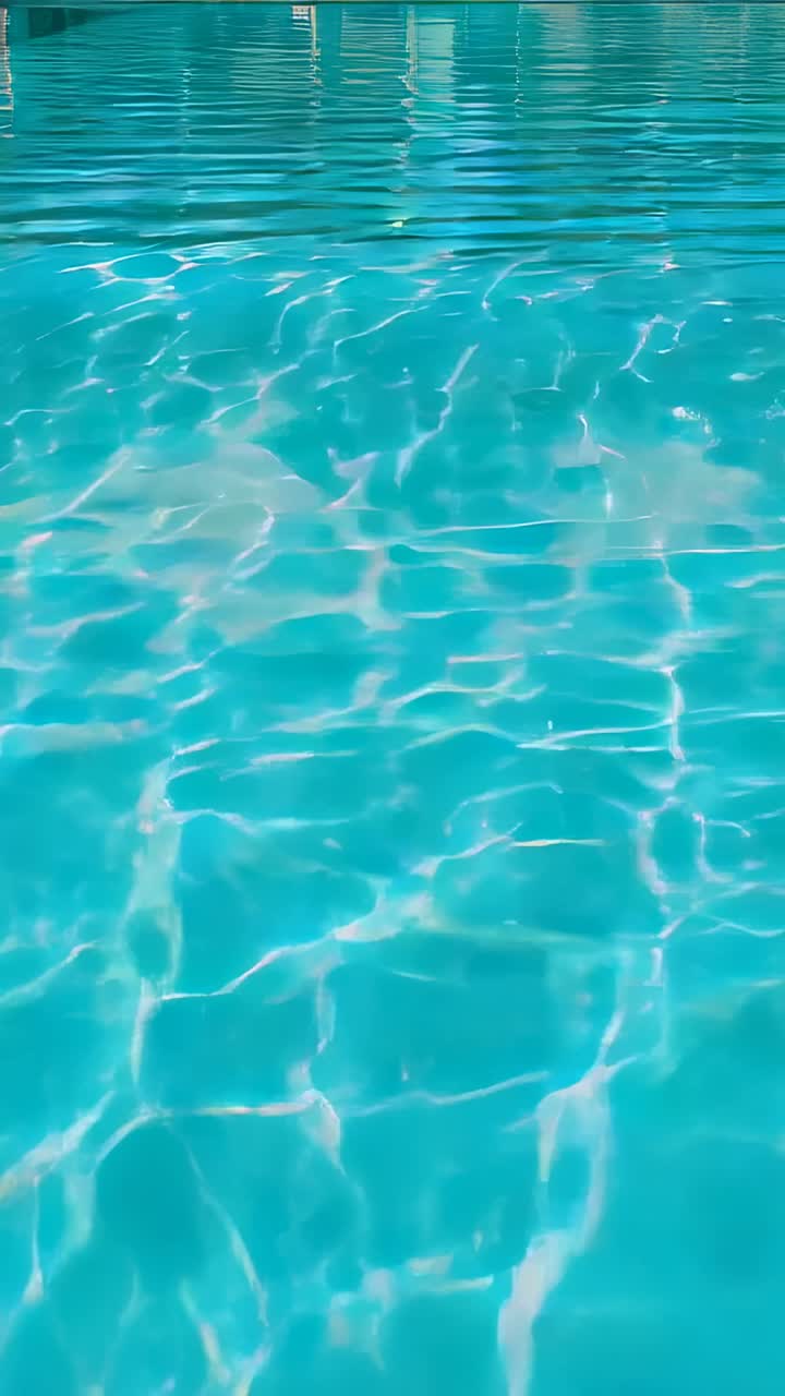 Vertikales Video: Kräuselnder türkisfarbener Pool, der wechselnde Kaustiken und ein reflektierendes Band an der Oberseite zeigt