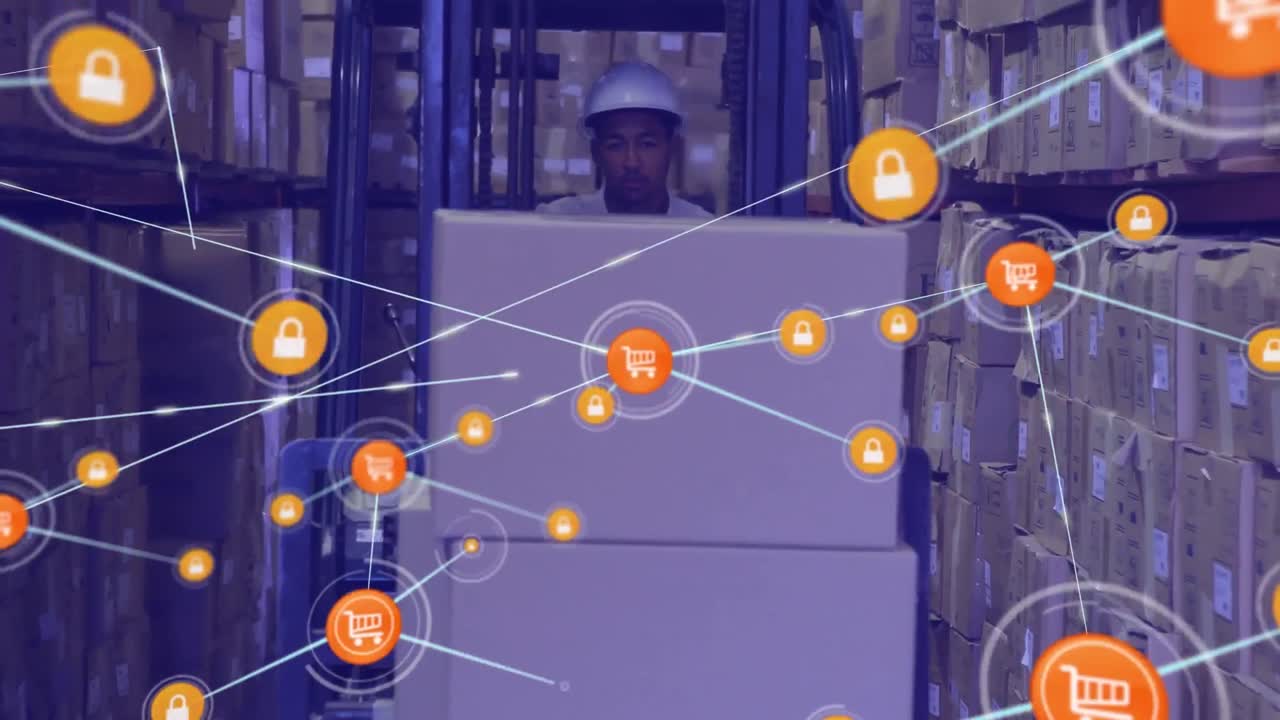 animación de la red de conexiones con iconos sobre el hombre que trabaja en el almacén