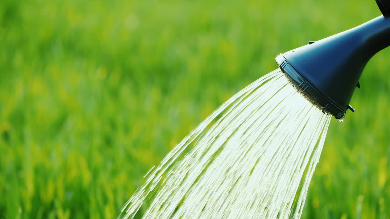 Man Watering Green Grass From A Sprinkler