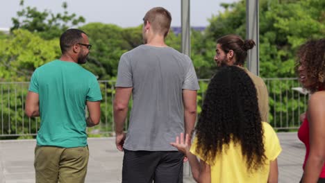 vista de trás de amigos andando na rua