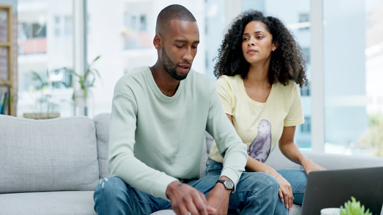 Sad, laptop and couple with paperwork for finance