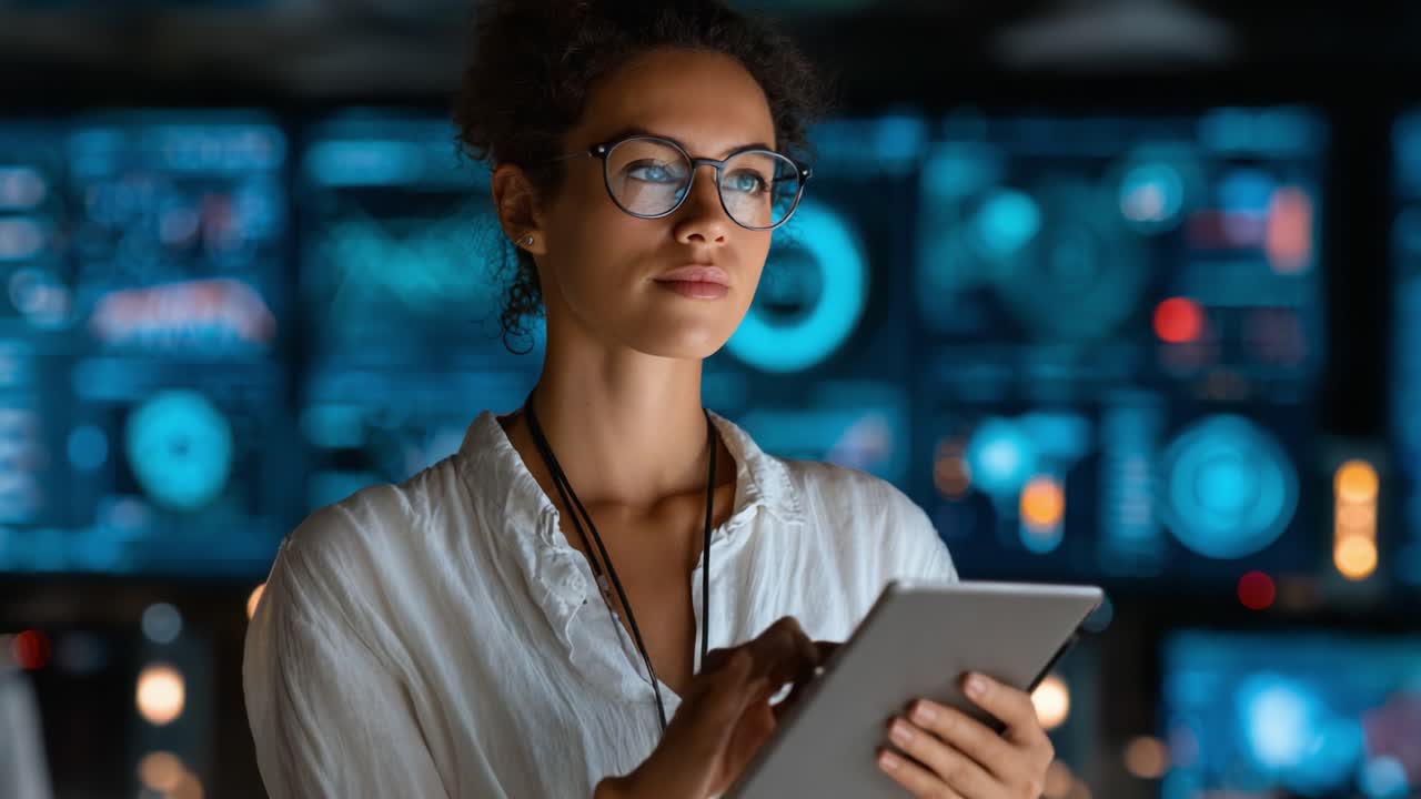 Focused Professional Analyzing Data on Tablet in High-Tech Control Room with Digital Displays and Graphs, Reflecting the Surge of Modern Technology and Insightful Decision-Making