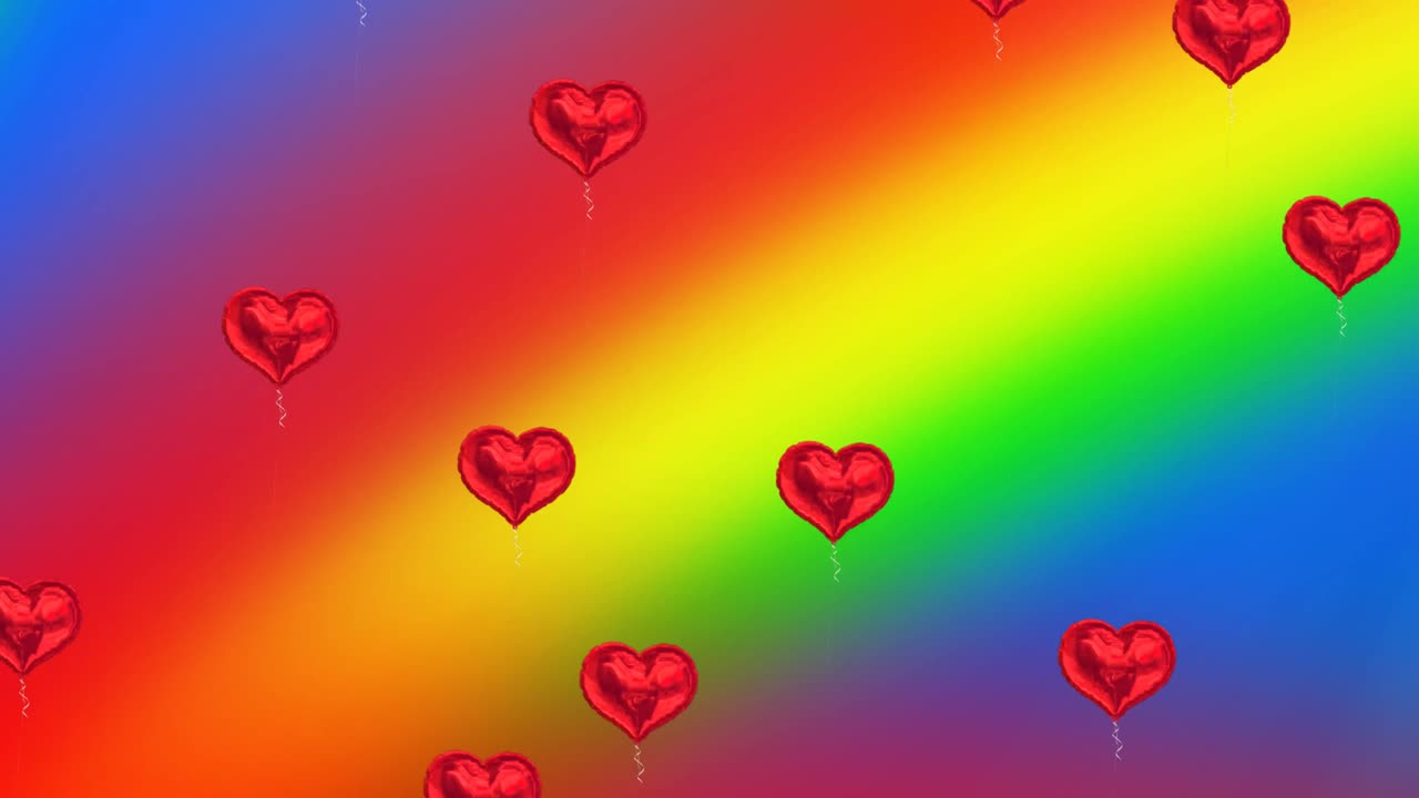 무지개 배경 에 있는 심장 풍선 의 애니메이션