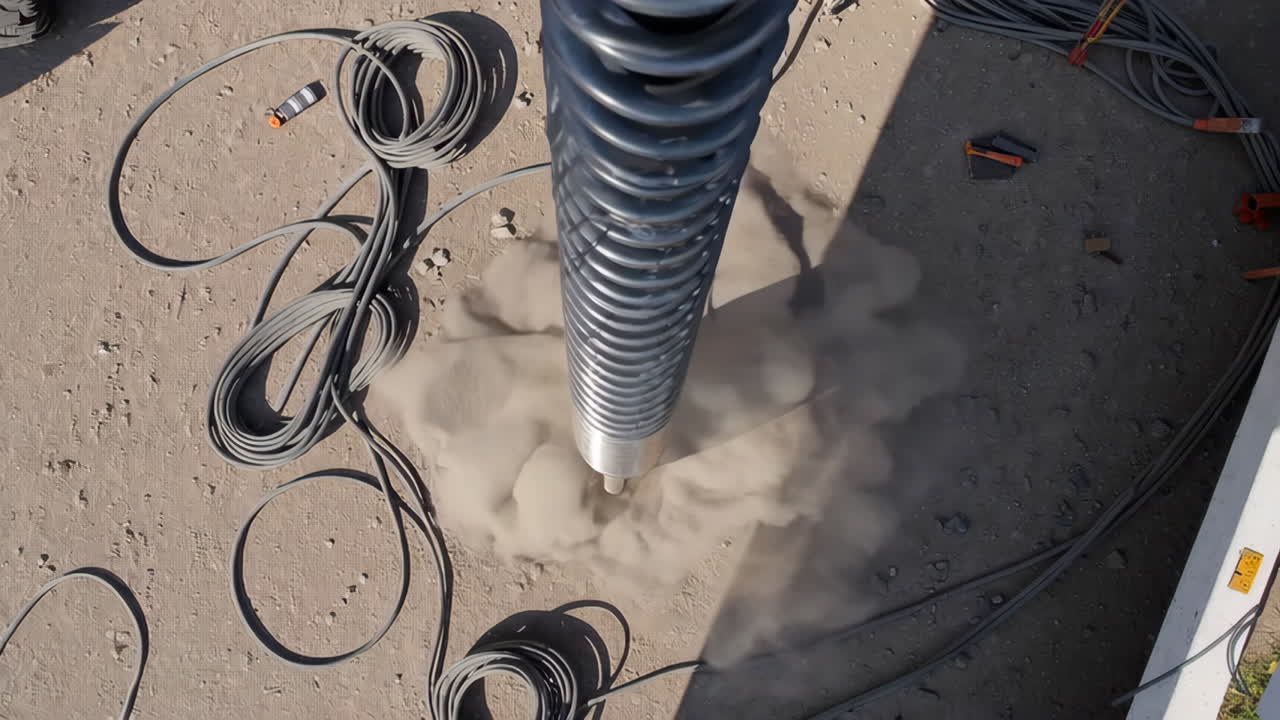 Heavy machinery drilling into the ground, creating dust