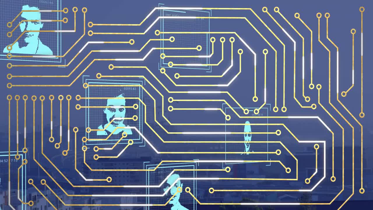 컴퓨터 회로판의 애니메이션과 다양한 사람들과 함께 데이터 처리가 도시 풍경에 대한 초상화