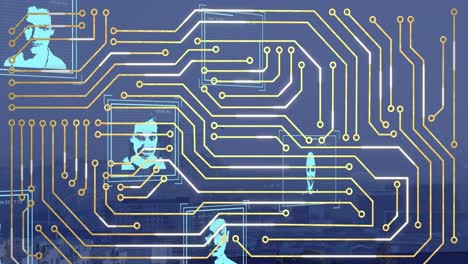 animación de placa de circuito de computadora y procesamiento de datos con diversos retratos de personas sobre el paisaje urbano