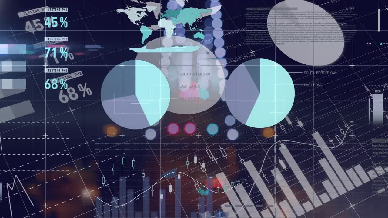 Animazione dell'elaborazione di dati statistici sullo sfondo del traffico notturno cittadino