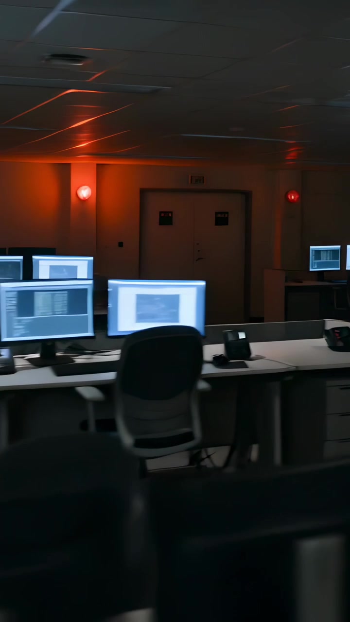 Vertical video: Starting camera sweep moving through dim office, revealing monitors and red alarms