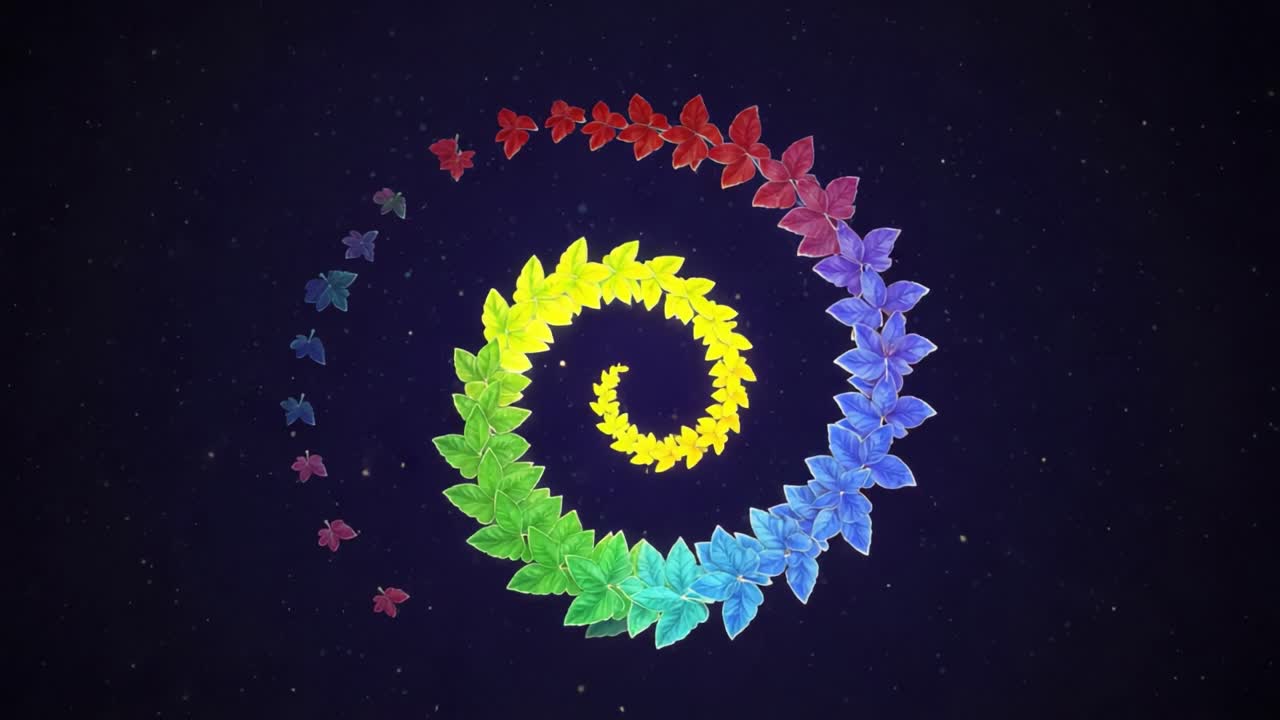 A Vibrant Spiral of Colorful Leaves against a Cosmic Background, Showcasing Nature's Beauty and the Enchantment of Nature in Motion