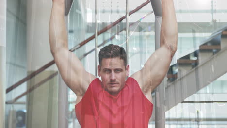 man lifting weights in gym with financial data processing animation over him