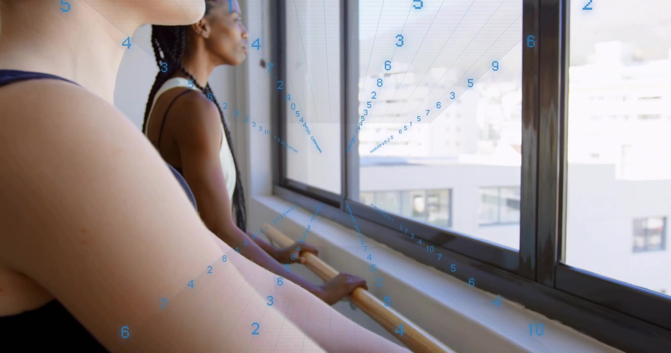 Shot showing two women squeezing balls on fitness barre, animated muscle icons highlighting core